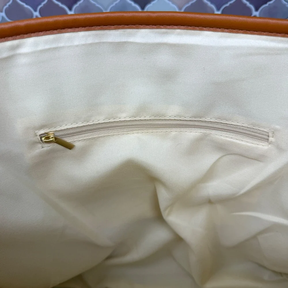NWOT Striped Canvas XL‎ Tote Bag – Mustard Yellow & Cognac Faux Leather